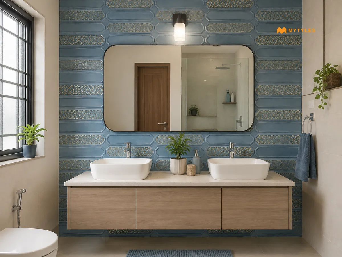 Horizontal Picket Tiles Behind a Double Vanity